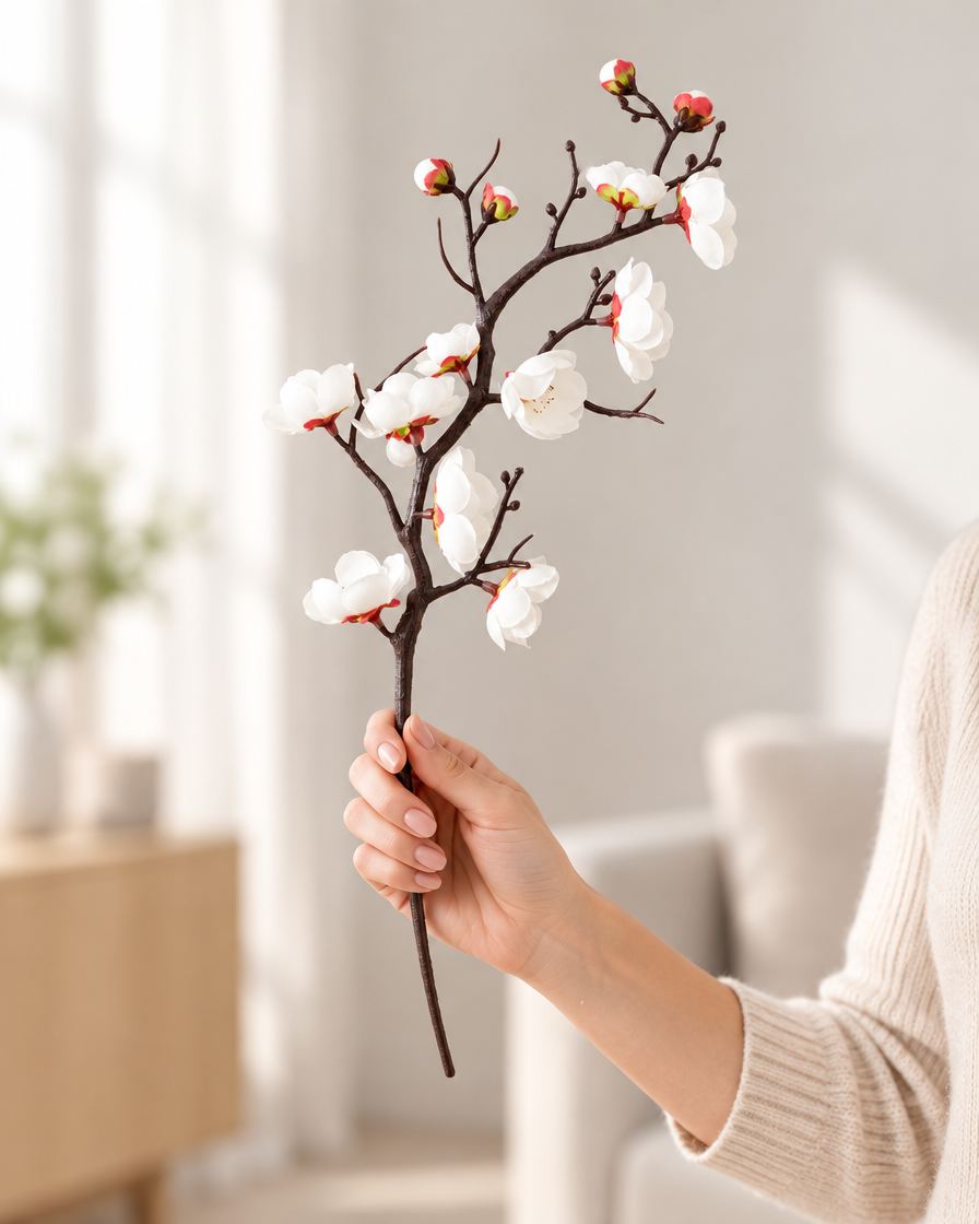 White Artificial Plum Blossom Single Branch held in a hand