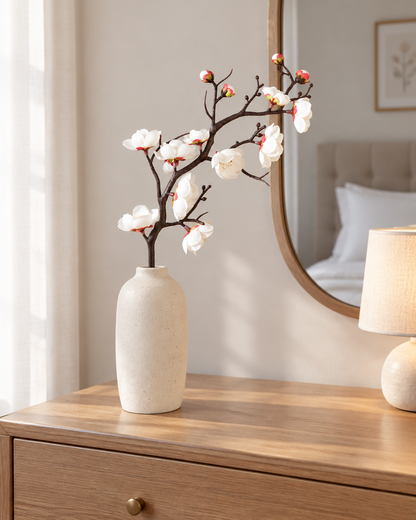White Artificial Plum Blossom Single Branch styled in a ceramic vase on a dresser (vase sold separately)