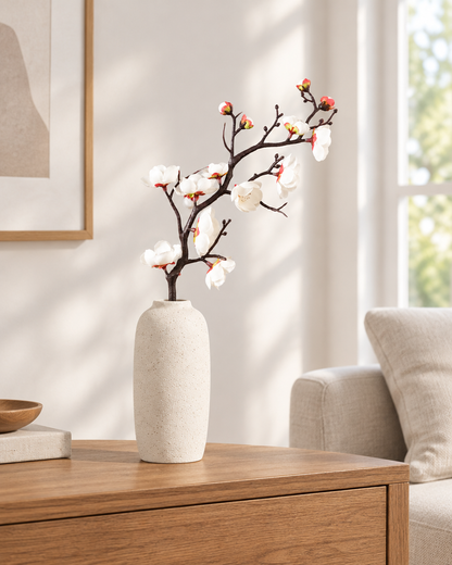 White Artificial Plum Blossom Single Branch styled in a ceramic vase on a console table (vase sold separately)