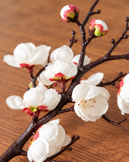 Close-up detail of the white artificial plum blossom single branch on an oak table