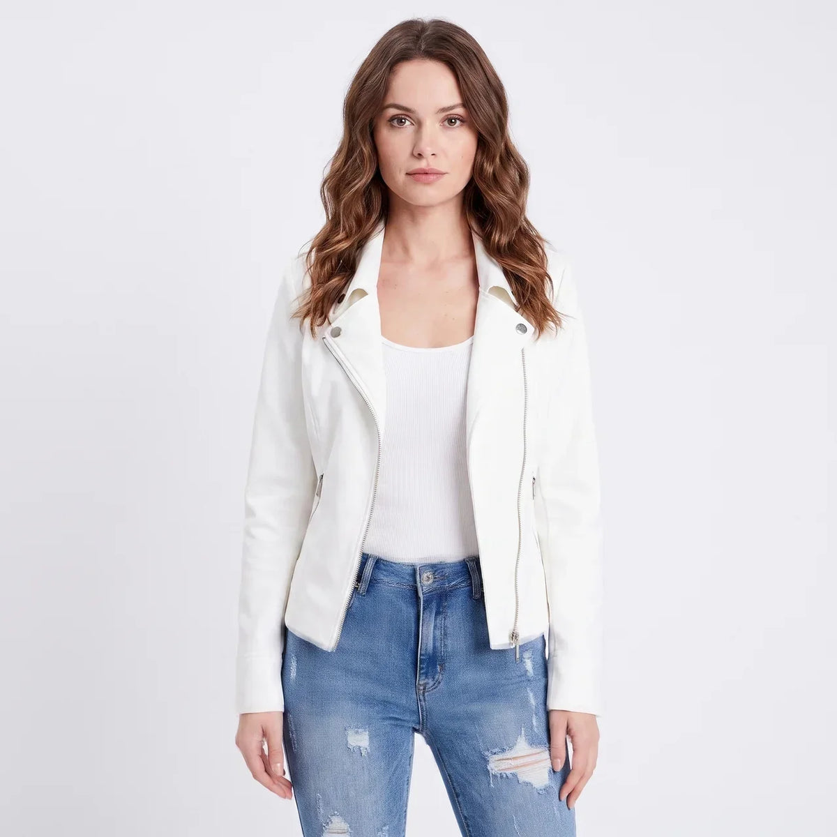 Women's Suede Moto Cropped Asymmetric Zip Biker Display Title: Elara Jacket