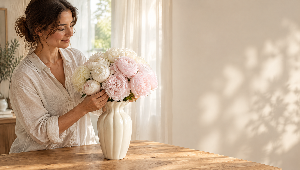 Woman arranging peonies in a cream fluted vase