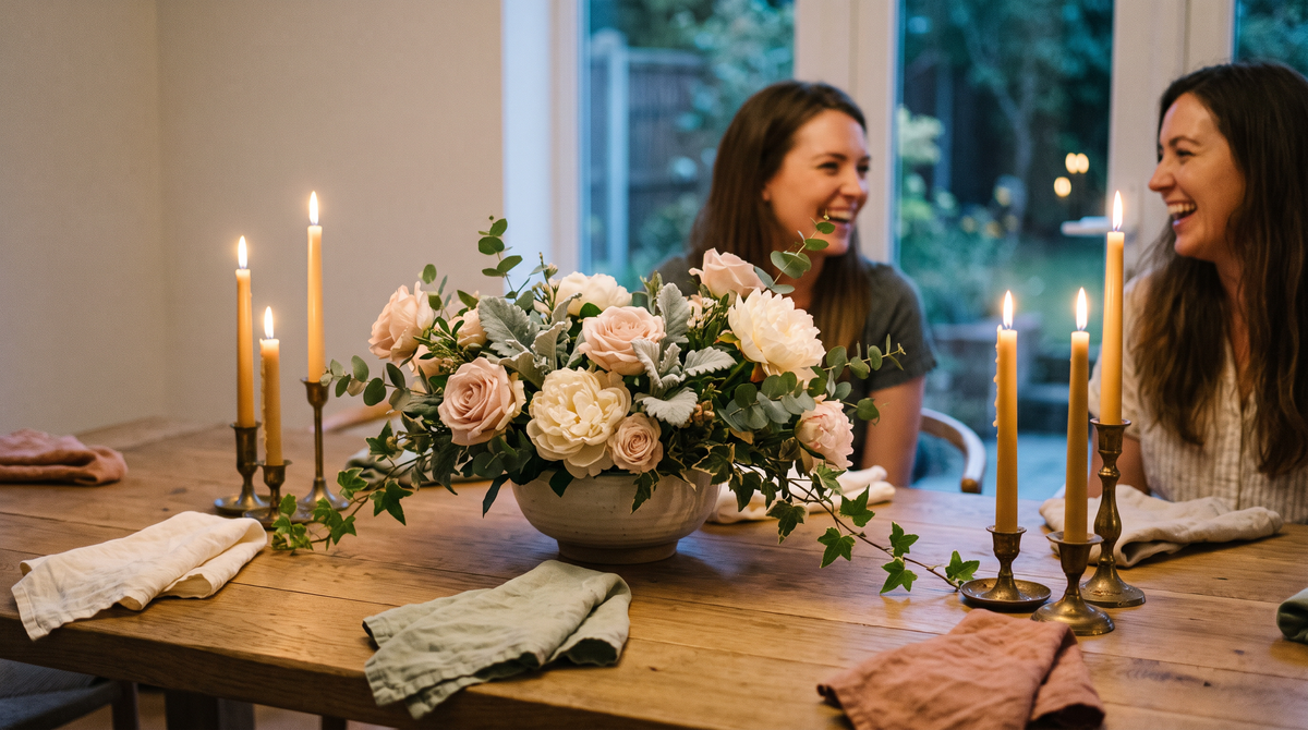 Dining table with a flower centrepiece and candles