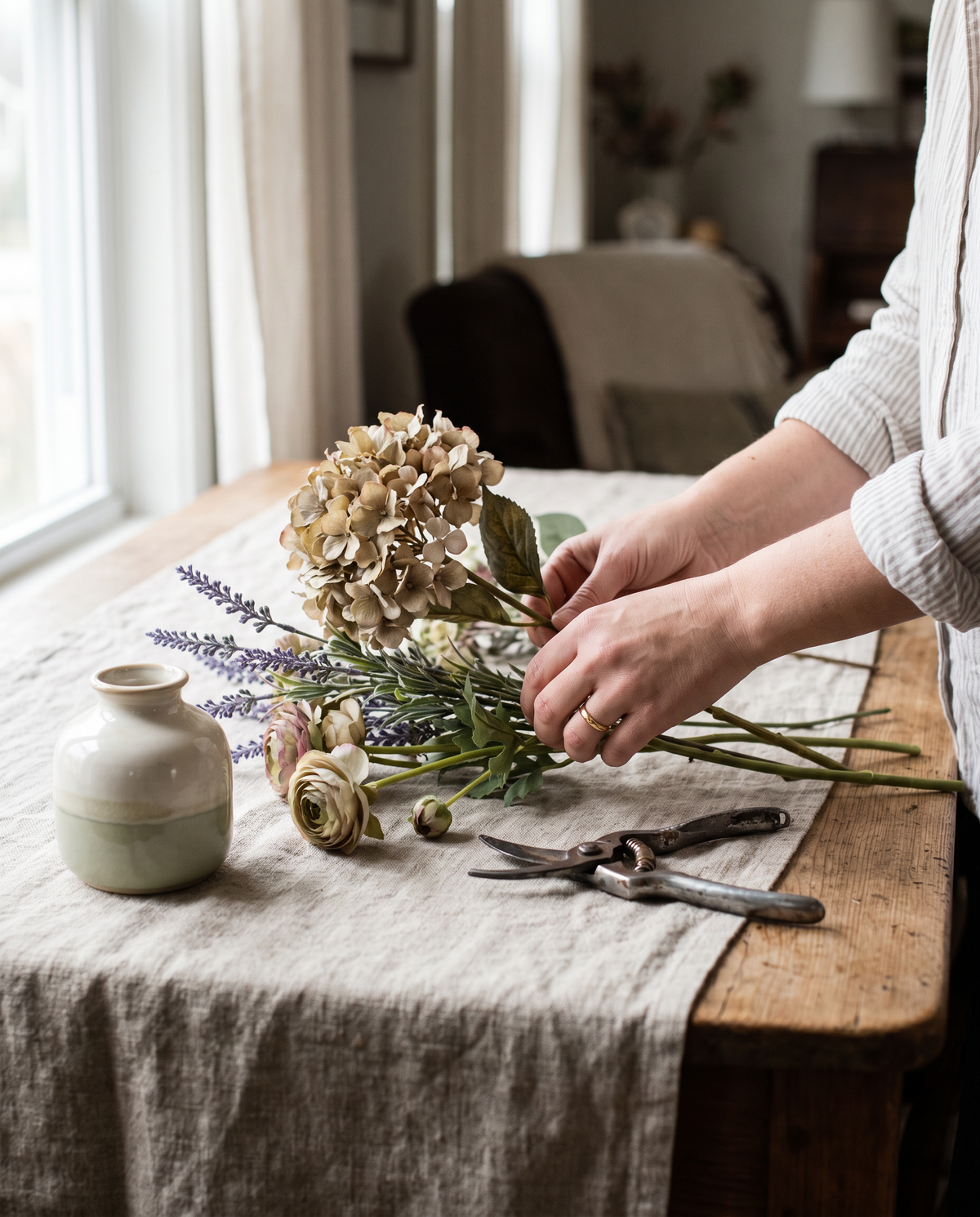 Hands arranging artificial hydrangea and lavender stems on a linen table