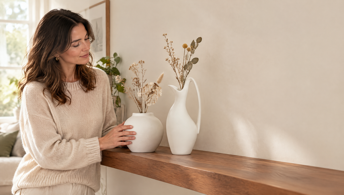 Woman beside two white ceramic vases on a wooden shelf