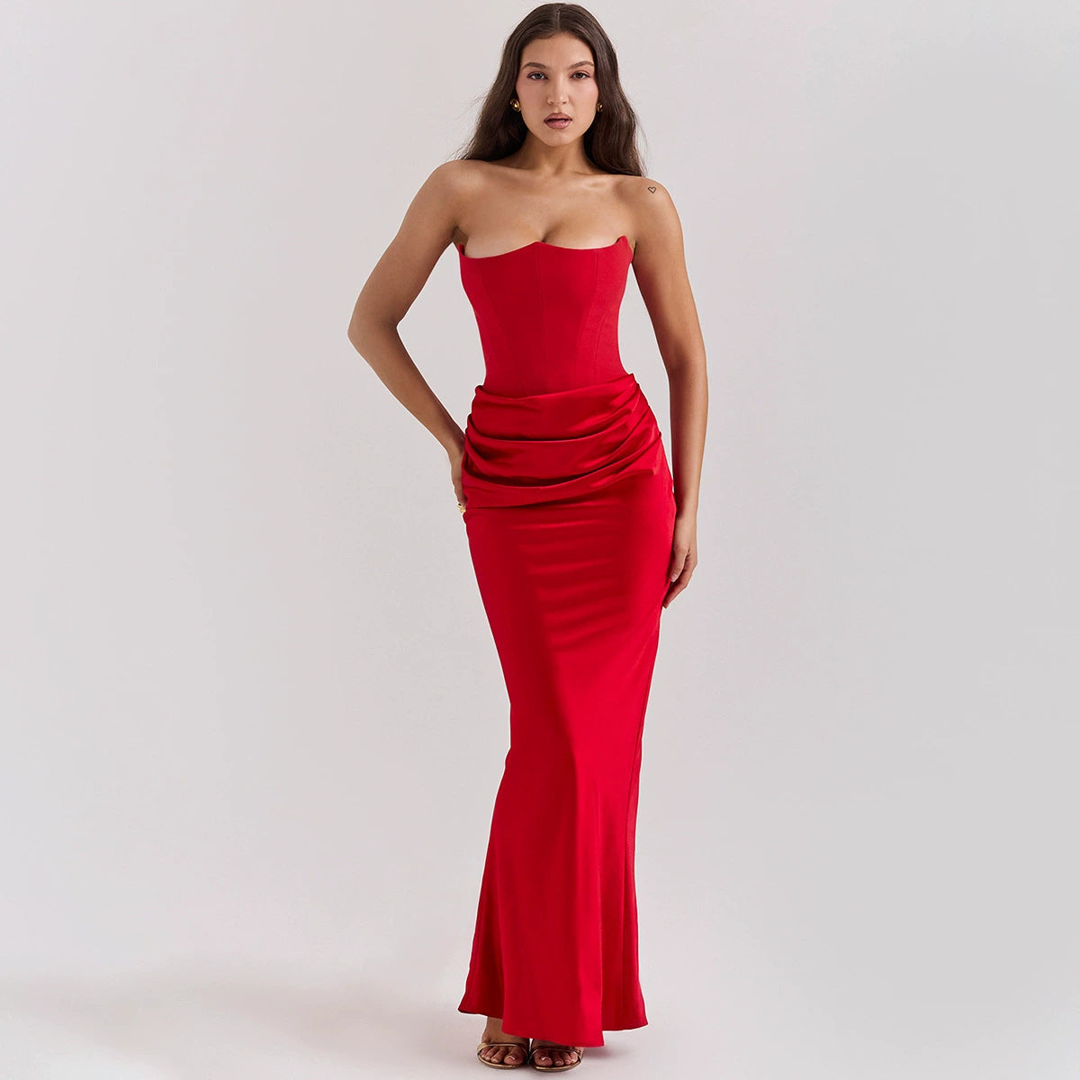 Women's Satin Corset Maxi Dress Strapless Ruched Bodycon Formal Evening Gown