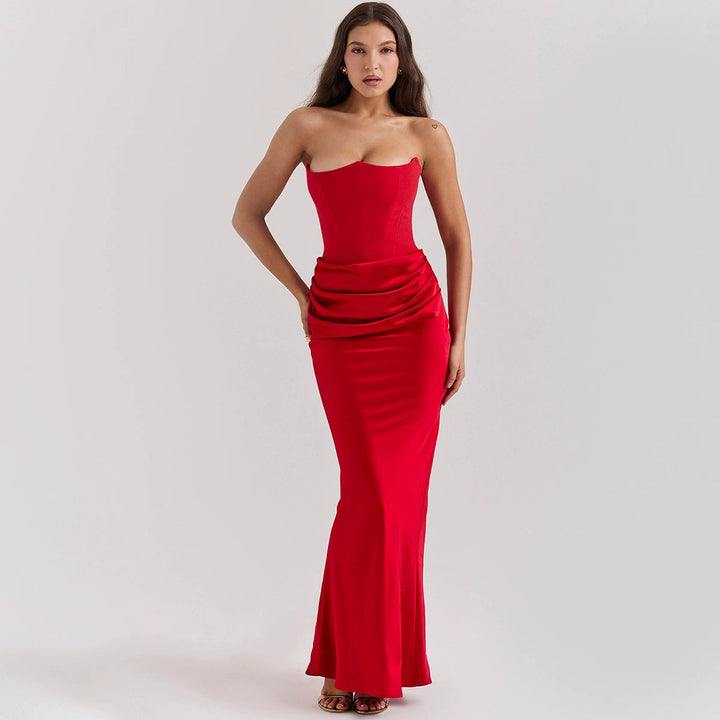 Satin Maxi Dress - Strapless Corset Ruched Bodycon