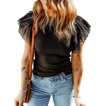 Women's Ribbed Knit Top Layered Mesh Ruffle Sleeve Crew Neck Fitted Blouse