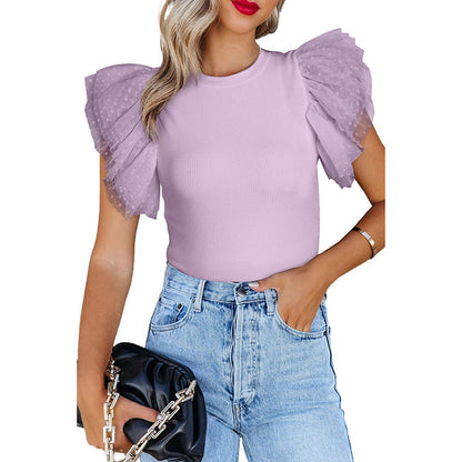 Women's Ribbed Knit Top Layered Mesh Ruffle Sleeve Crew Neck Fitted Blouse