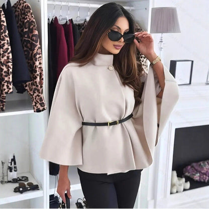 Women's Belted Waist Elegant Cape Poncho Jacket