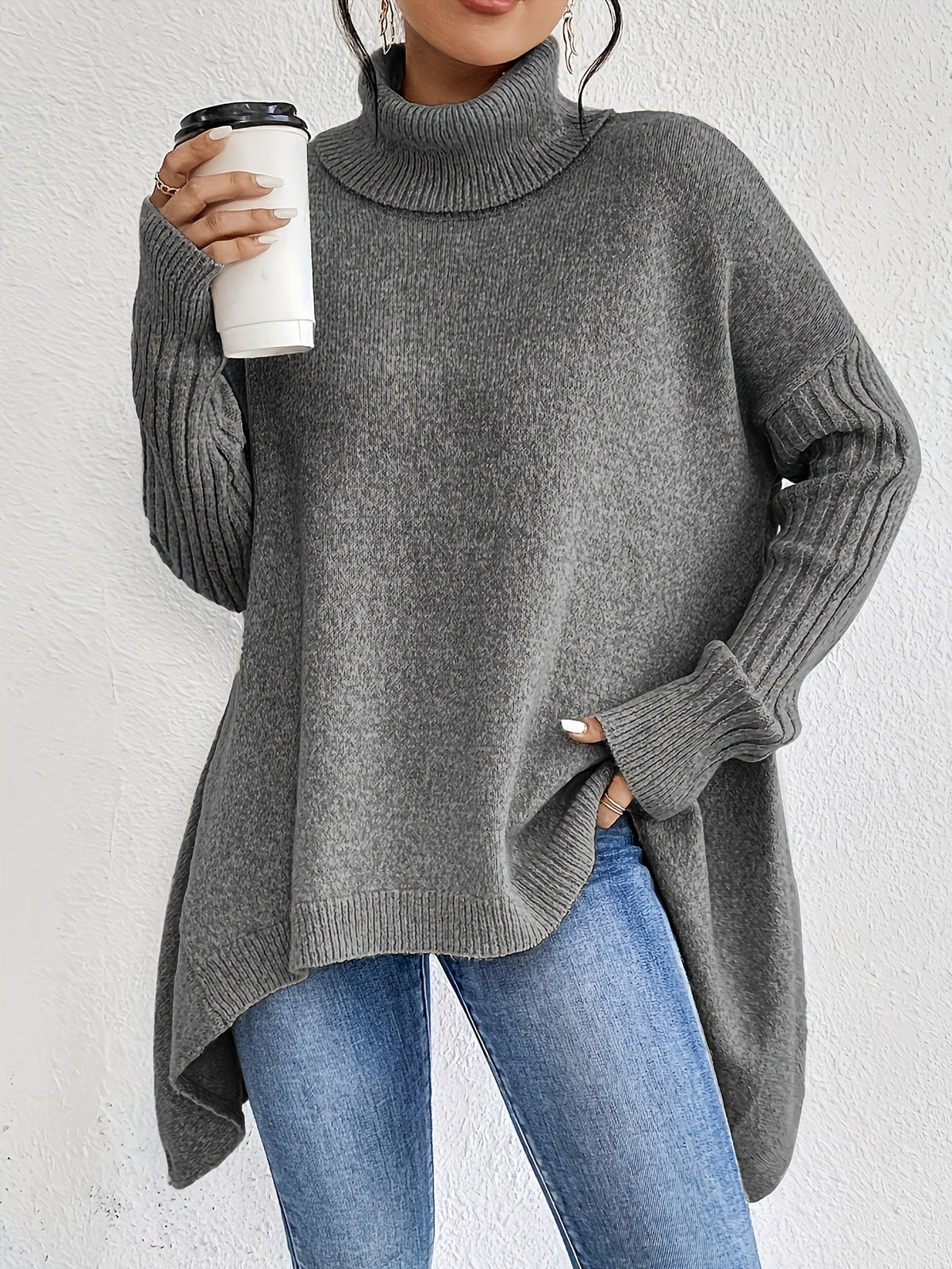 Women's Oversized Turtleneck High-Low Knit Side Slit Winter Sweater