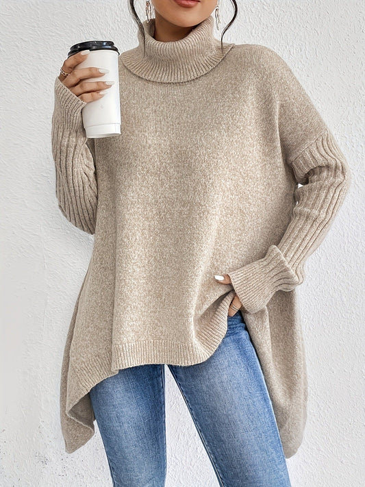 Women's Oversized Turtleneck High-Low Knit Side Slit Winter Sweater