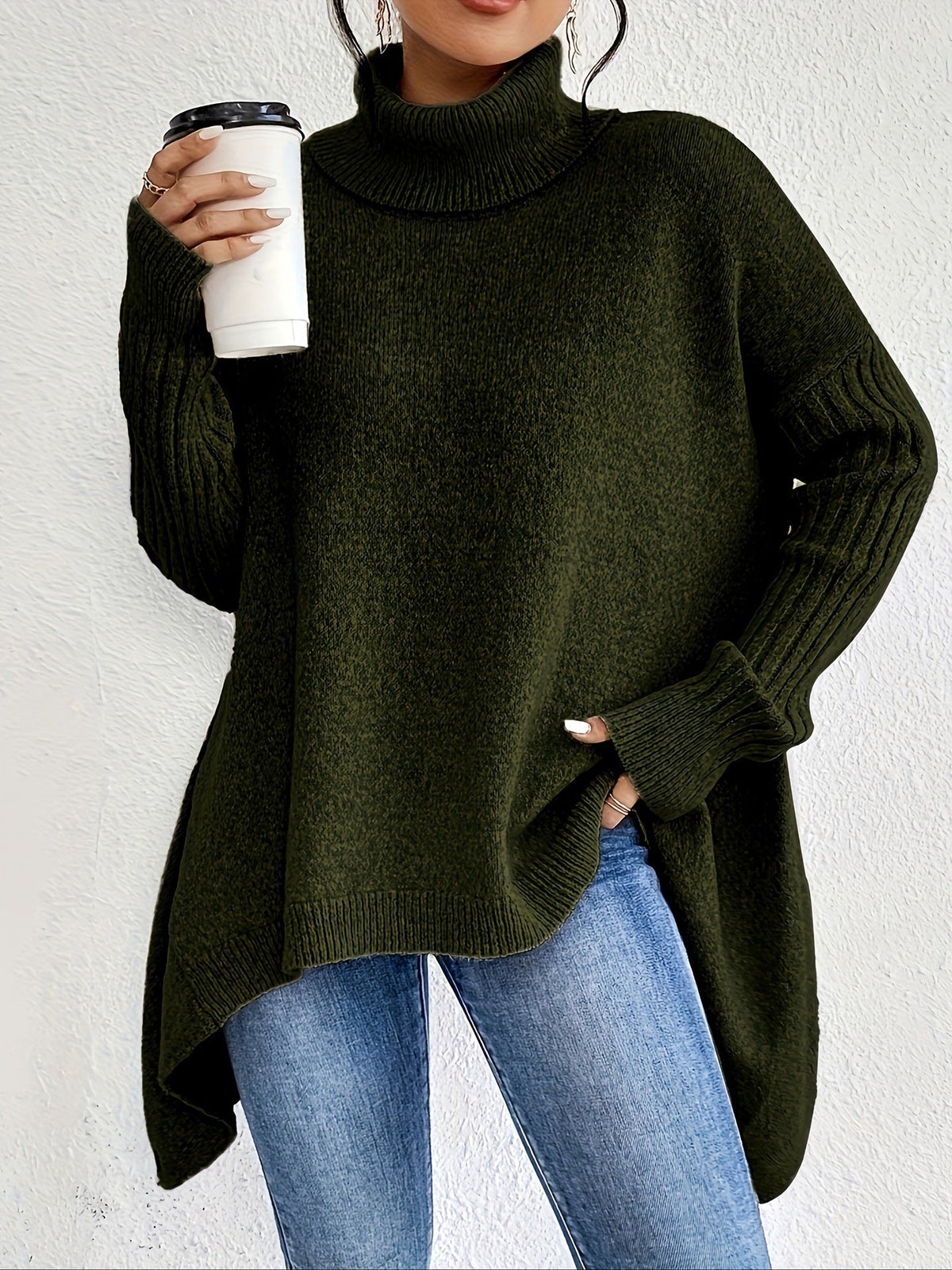 Women's Oversized Turtleneck High-Low Knit Side Slit Winter Sweater