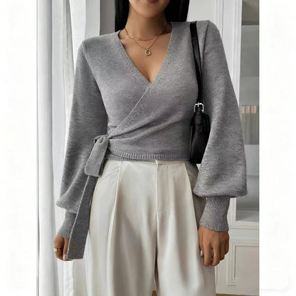 Top de punto de manga larga con cuello de pico para mujer