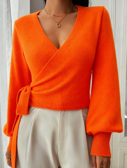 Top de punto de manga larga con cuello de pico para mujer