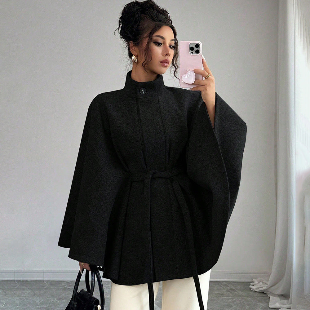 Women's Cape Sleeve Slim-Fit Stand Collar Wool Winter Coat