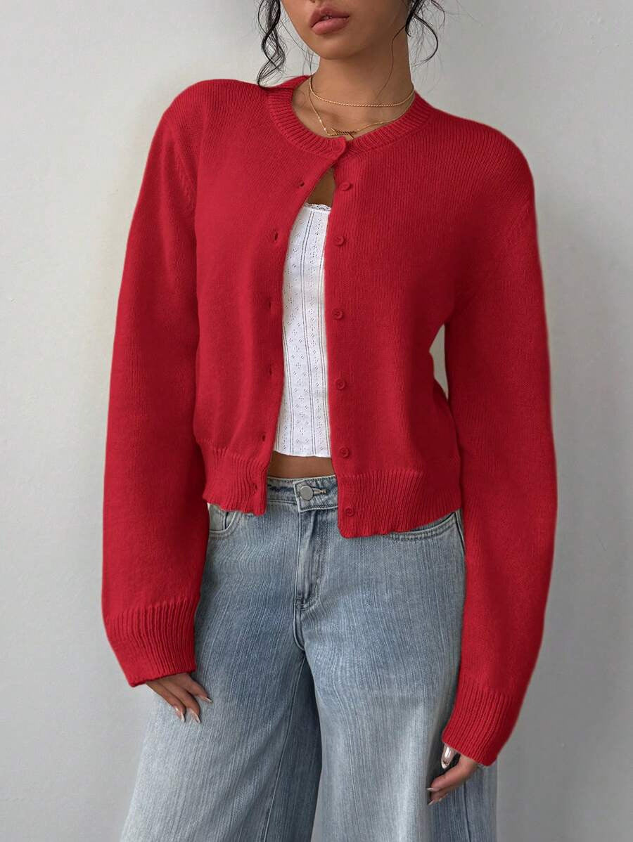 Women's Cropped Knit Button-Up Crew-Neck Winter Cardigan