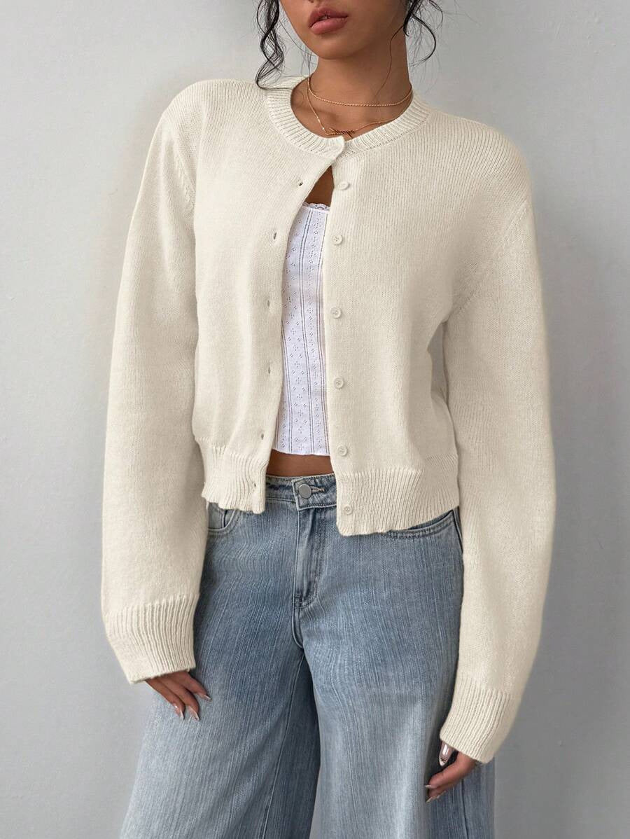 Women's Cropped Knit Button-Up Crew-Neck Winter Cardigan