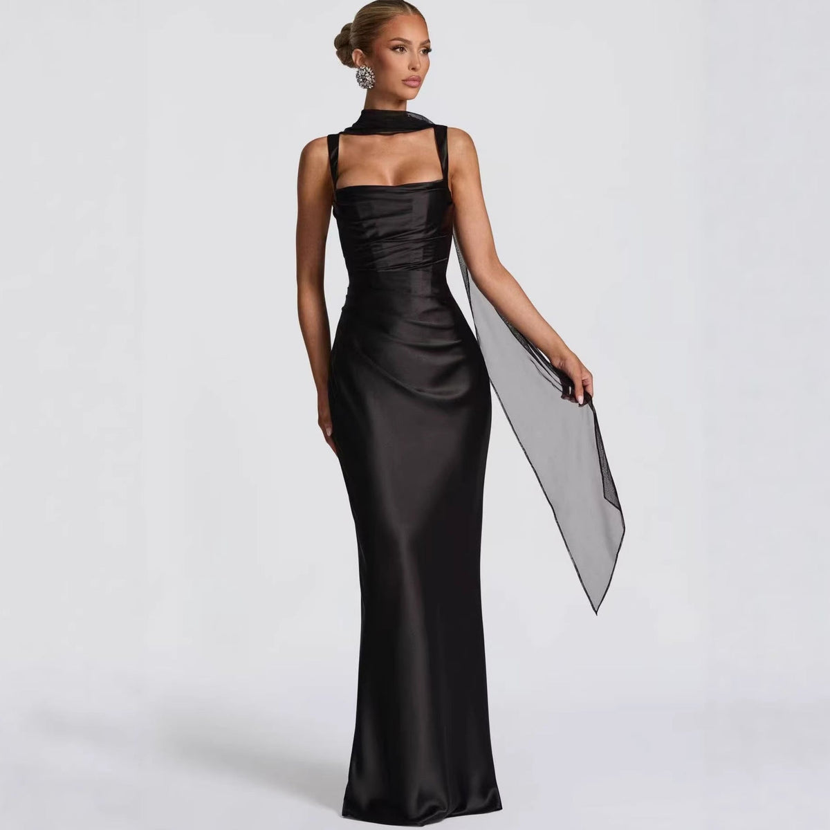 Women's Satin Maxi Dress Square Neck Ruched Bodice Winter Scarf Formal