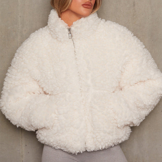 Women's Cropped Oversized Plush Sherpa Teddy Bomber Autumn Jacket