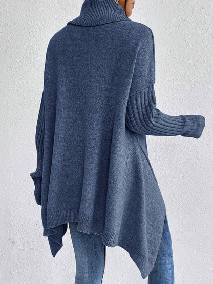 Women's Oversized Turtleneck High-Low Knit Side Slit Winter Sweater