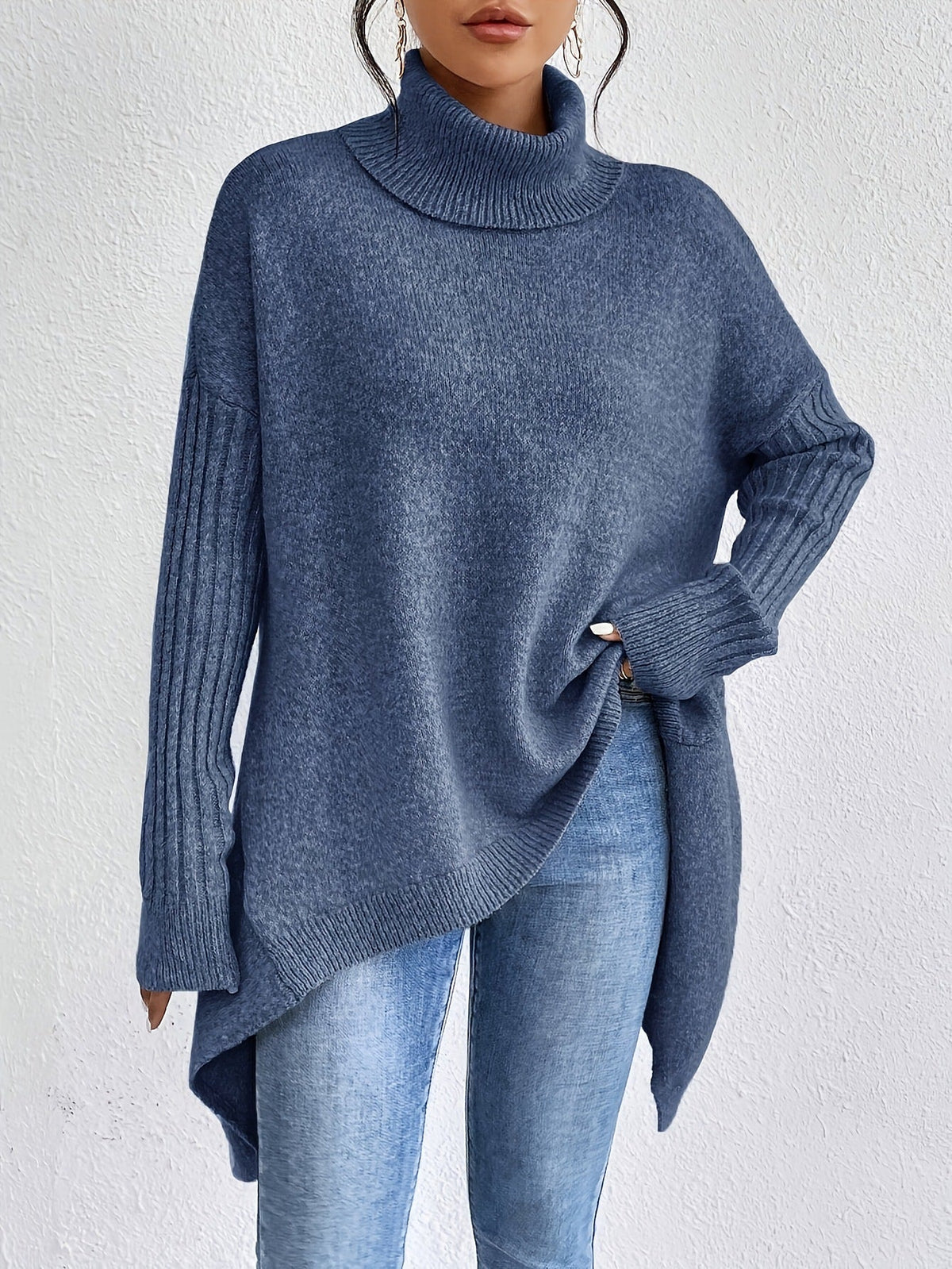 Women's Oversized Turtleneck High-Low Knit Side Slit Winter Sweater