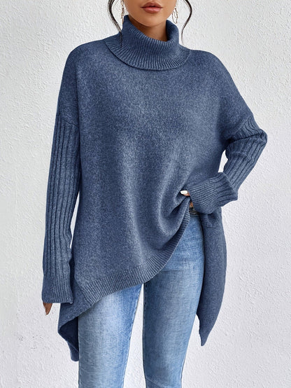 Women's Oversized Turtleneck High-Low Knit Side Slit Winter Sweater
