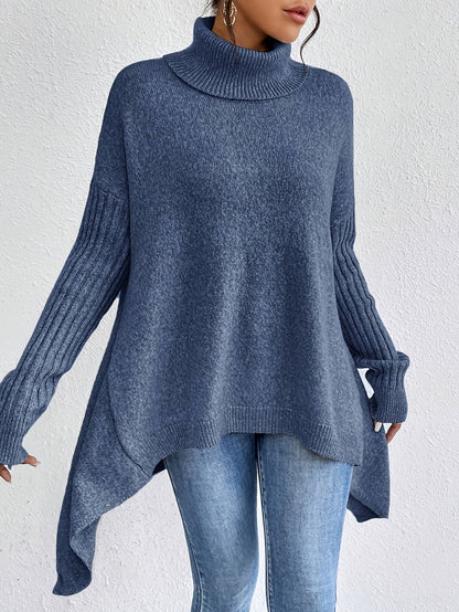 Women's Oversized Turtleneck High-Low Knit Side Slit Winter Sweater