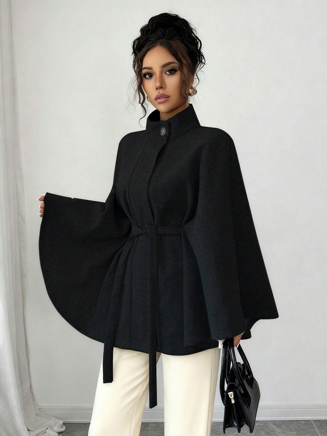 Women's Cape Sleeve Slim-Fit Stand Collar Wool Winter Coat