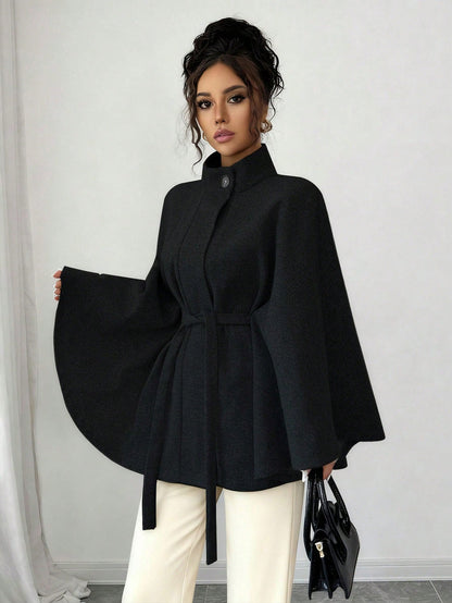 Women's Cape Sleeve Slim-Fit Stand Collar Wool Winter Coat