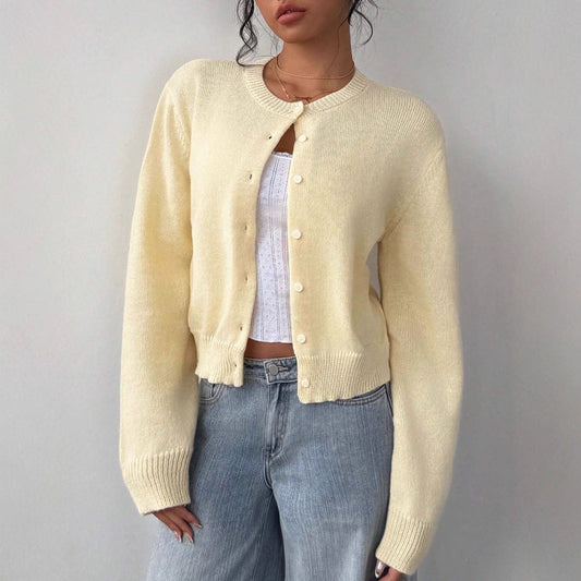Women's Cropped Knit Button-Up Crew-Neck Winter Cardigan