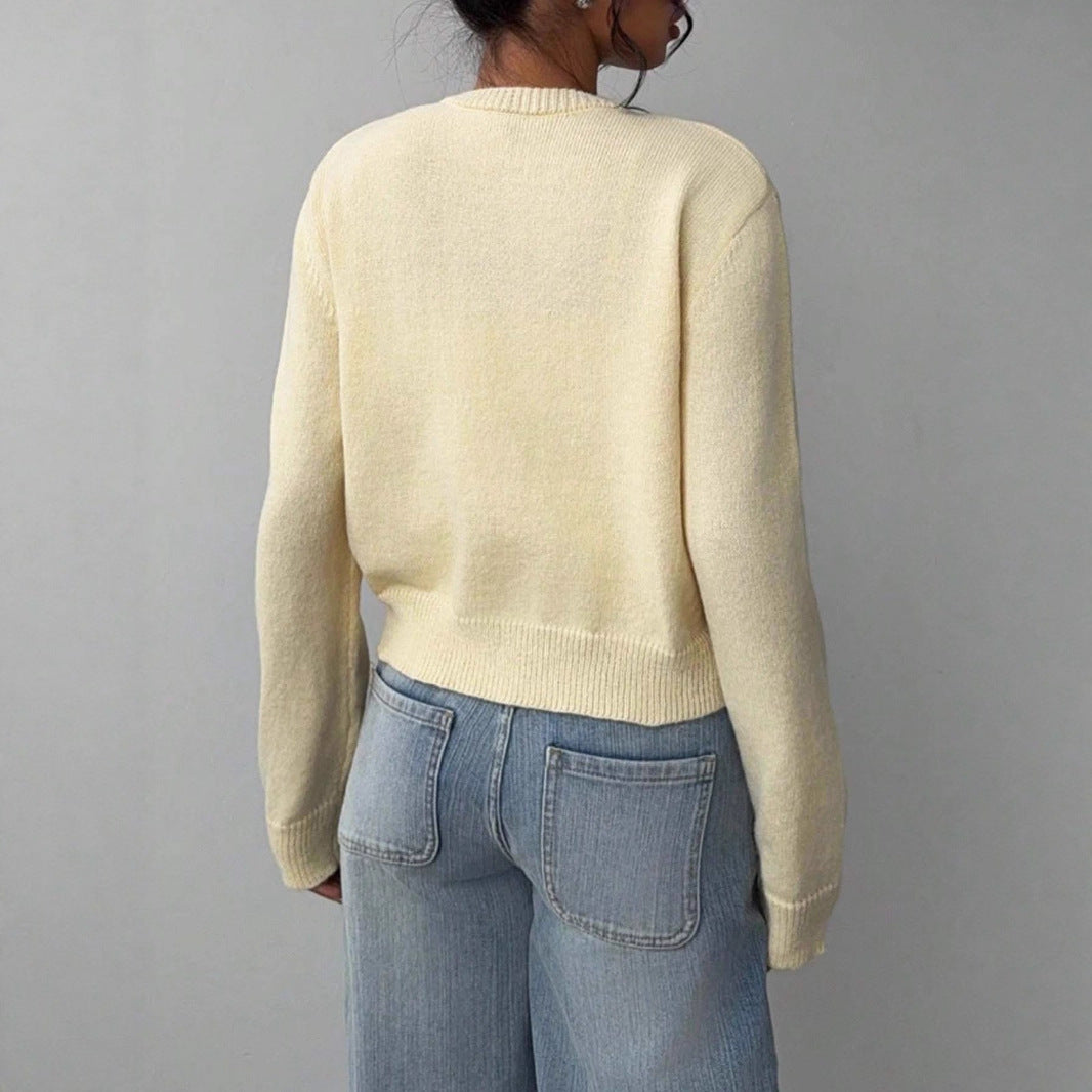 Women's Cropped Knit Button-Up Crew-Neck Winter Cardigan