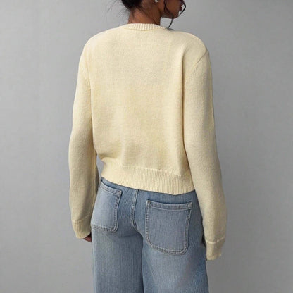 Women's Cropped Knit Button-Up Crew-Neck Winter Cardigan