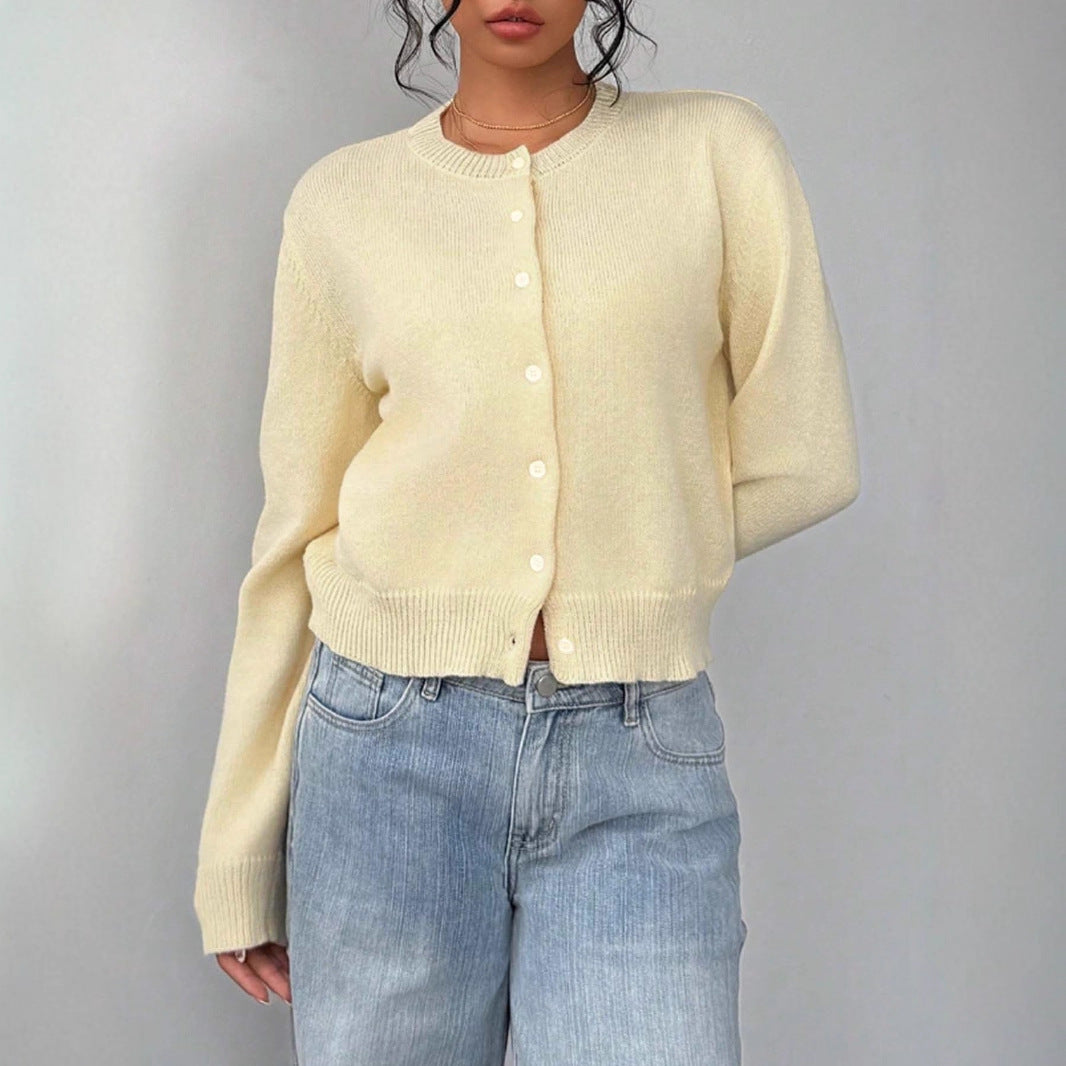 Women's Cropped Knit Button-Up Crew-Neck Winter Cardigan