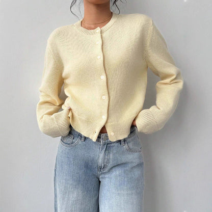 Women's Cropped Knit Button-Up Crew-Neck Winter Cardigan
