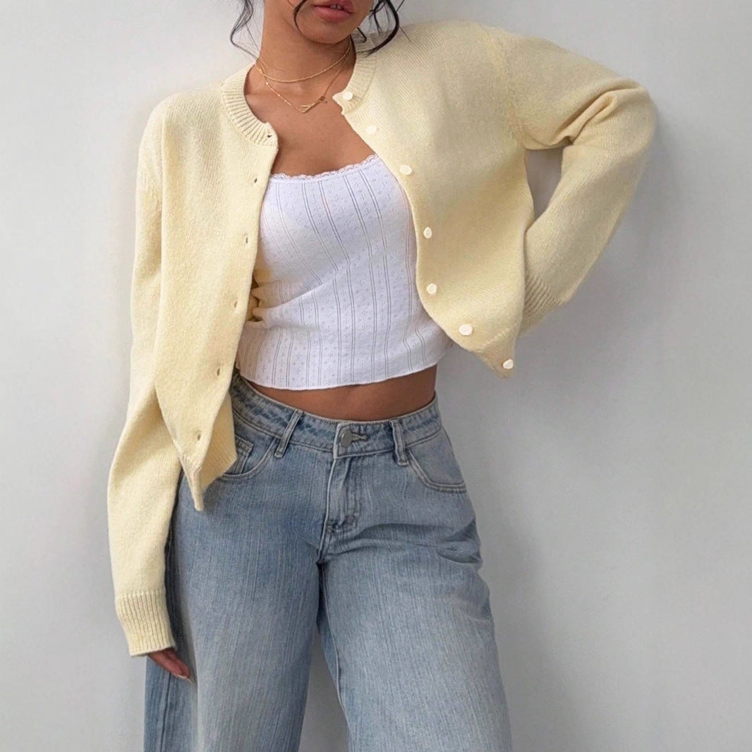 Women's Cropped Knit Button-Up Crew-Neck Winter Cardigan